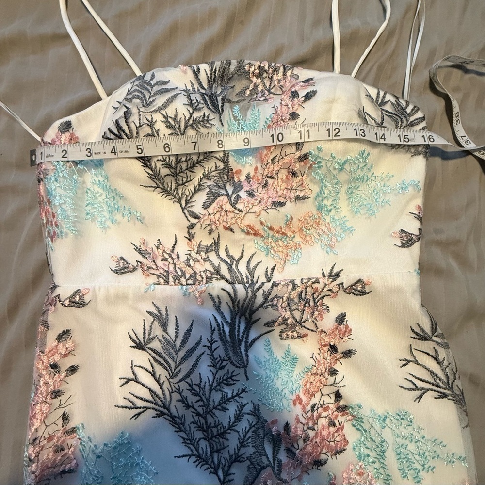 Nicole Miller NY Cocktail Dress Sheer Mesh Embroidered Aqua Mist Coral White - Picture 8 of 10